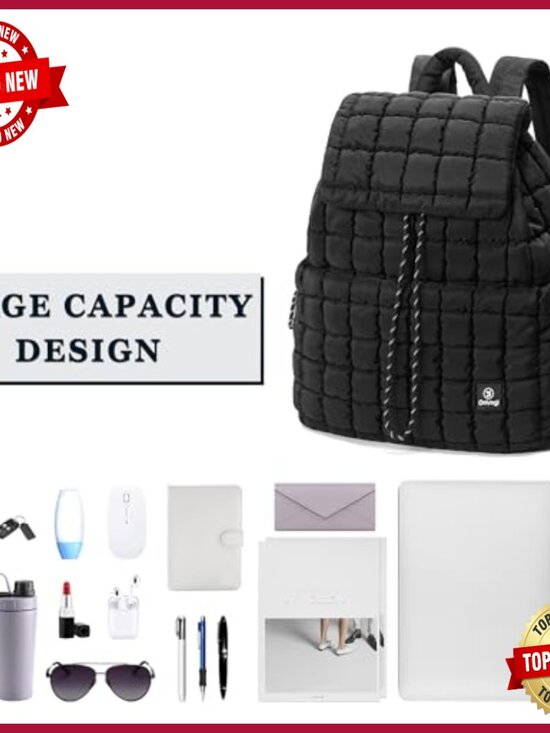 Quilted Puff Backpack Set with Wristlet Bag for Travel Work Gym main image 4